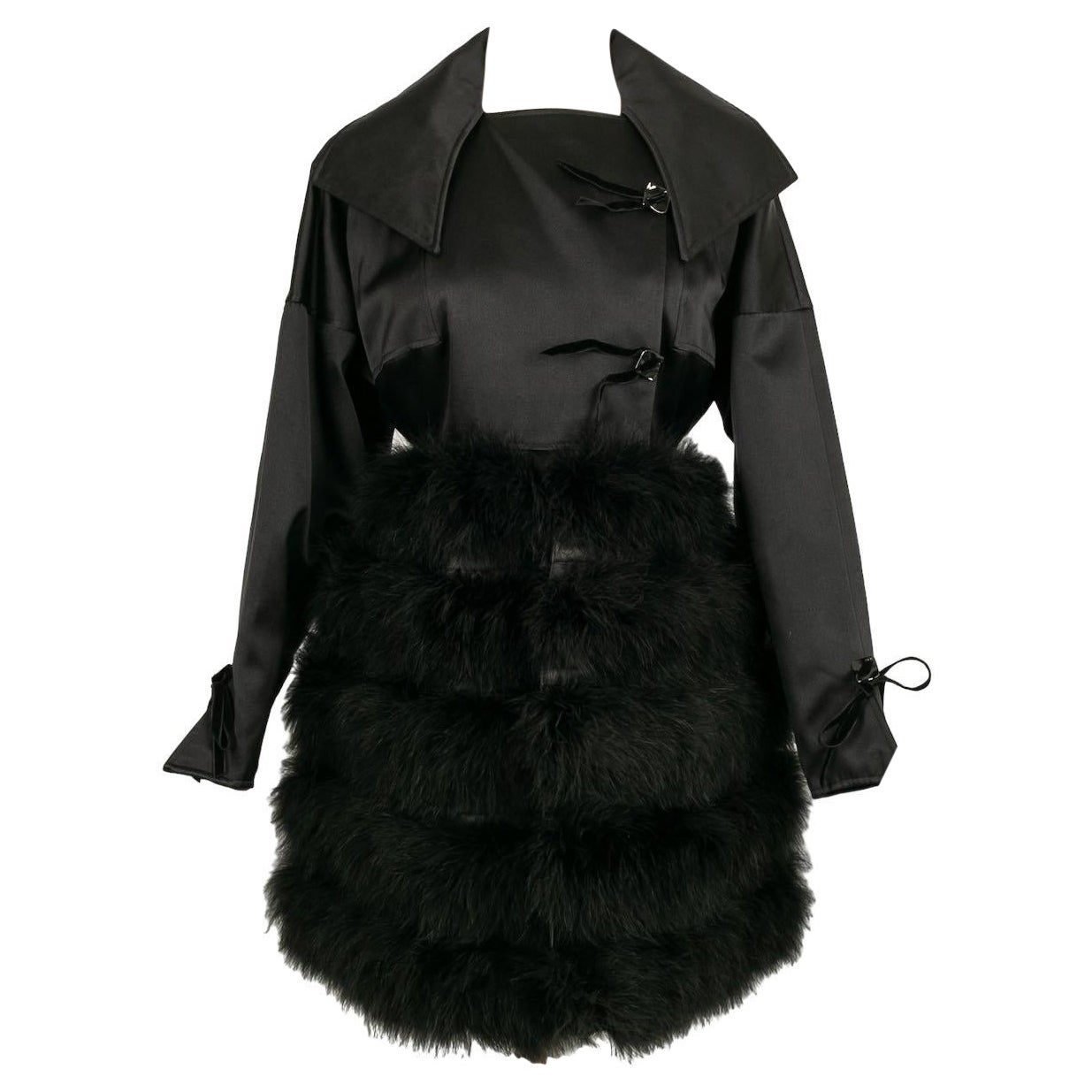 Claude Montana Black Satin and Marabou Feather Coat, 1993 For Sale
