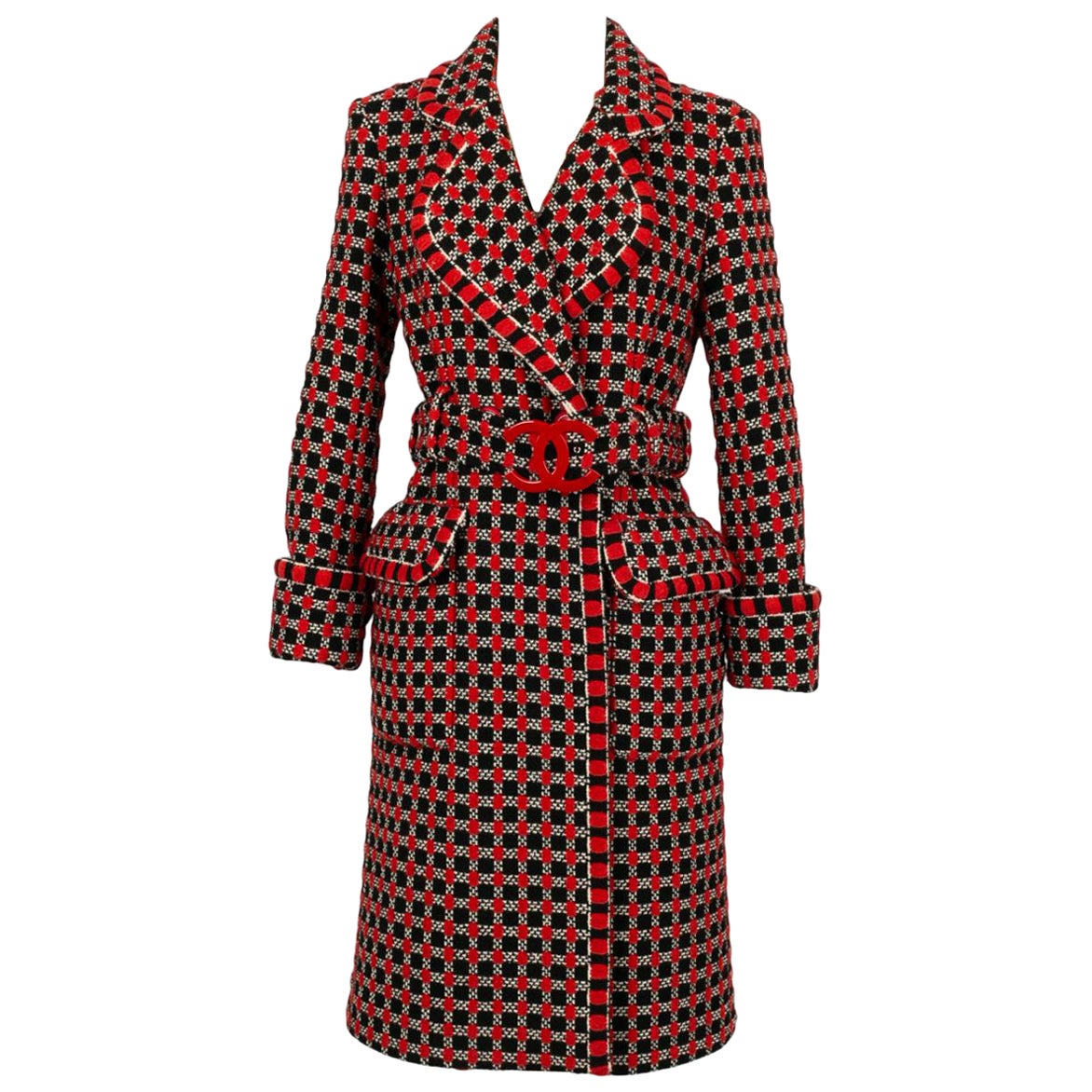 Chanel Red and Black Wool Coat, Size 36FR For Sale