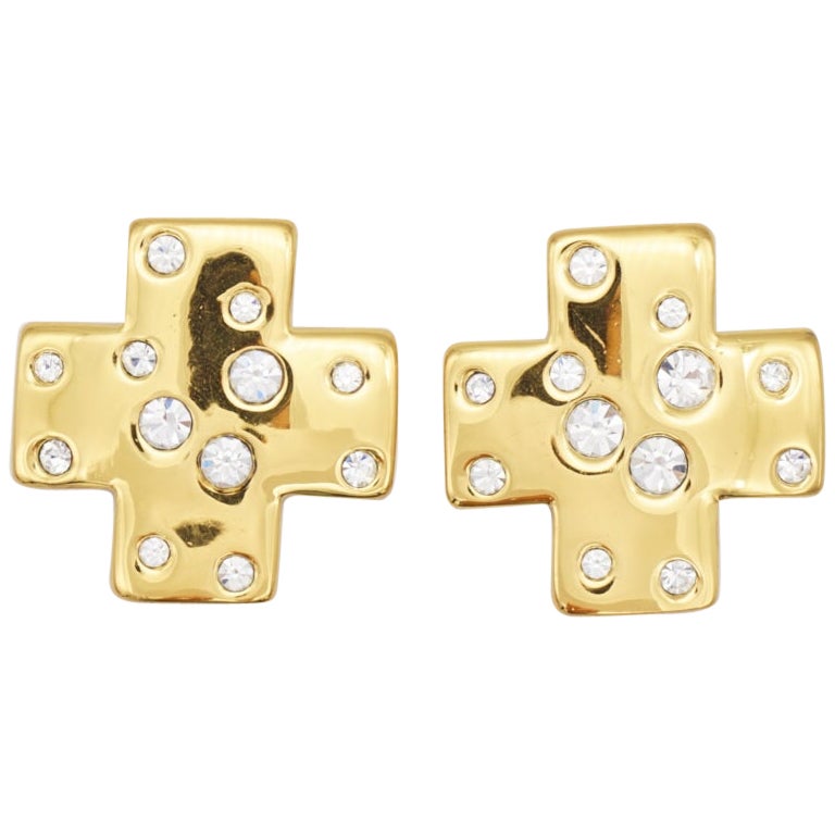 Yves Saint Laurent YSL Vintage Cross Shining Crystals Glow Chunky Gold Earrings For Sale