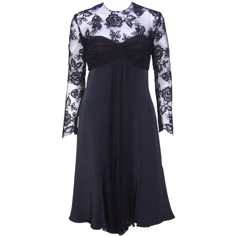 Adele Simpson Black Silk Cocktail Dress With Lace Bodice, C.1980 For