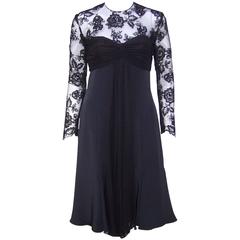 Ladylike C.1980 Adele Simpson Black Silk Cocktail Dress With Lace Bodice 12