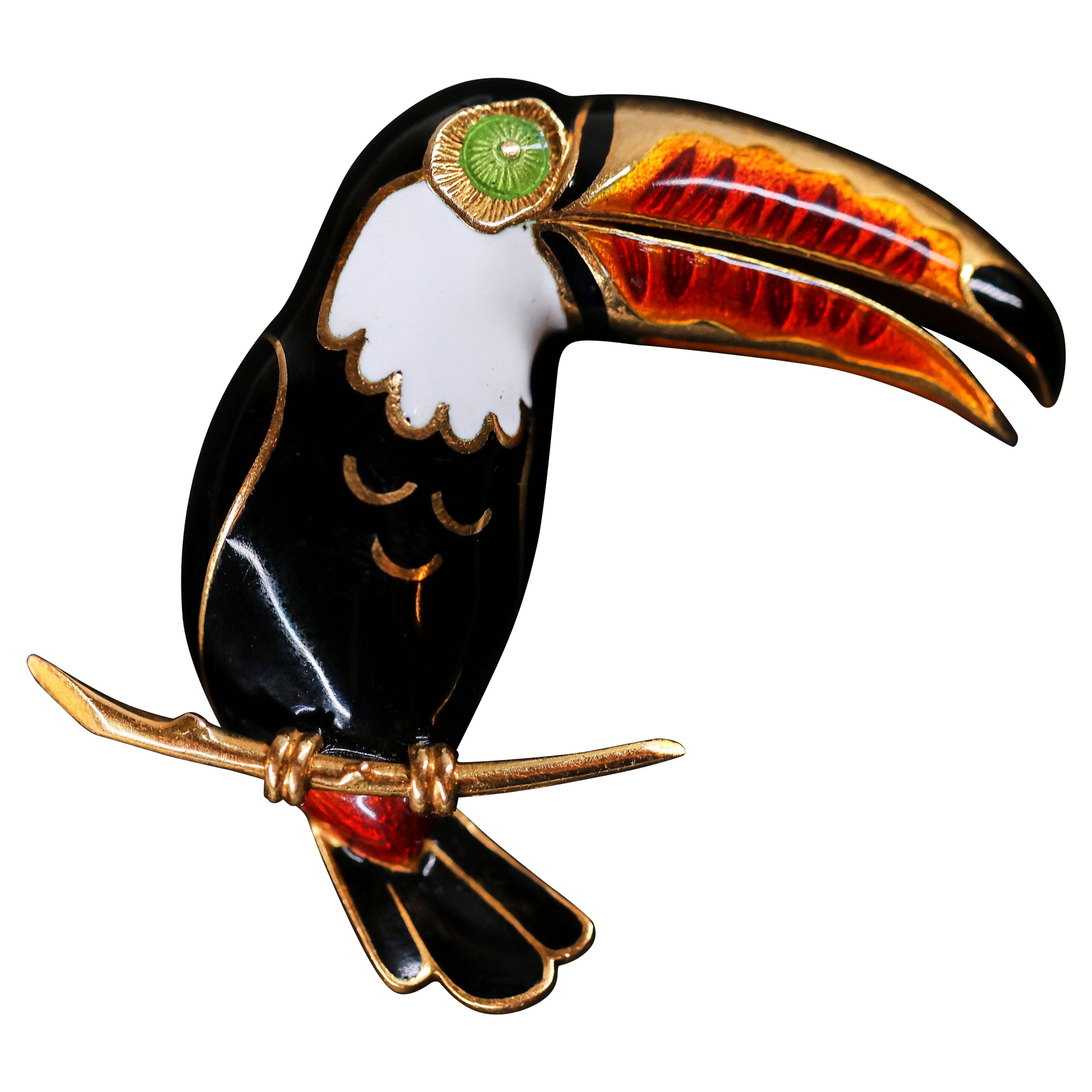1950s 18cts gold and enamel toucan brooch For Sale
