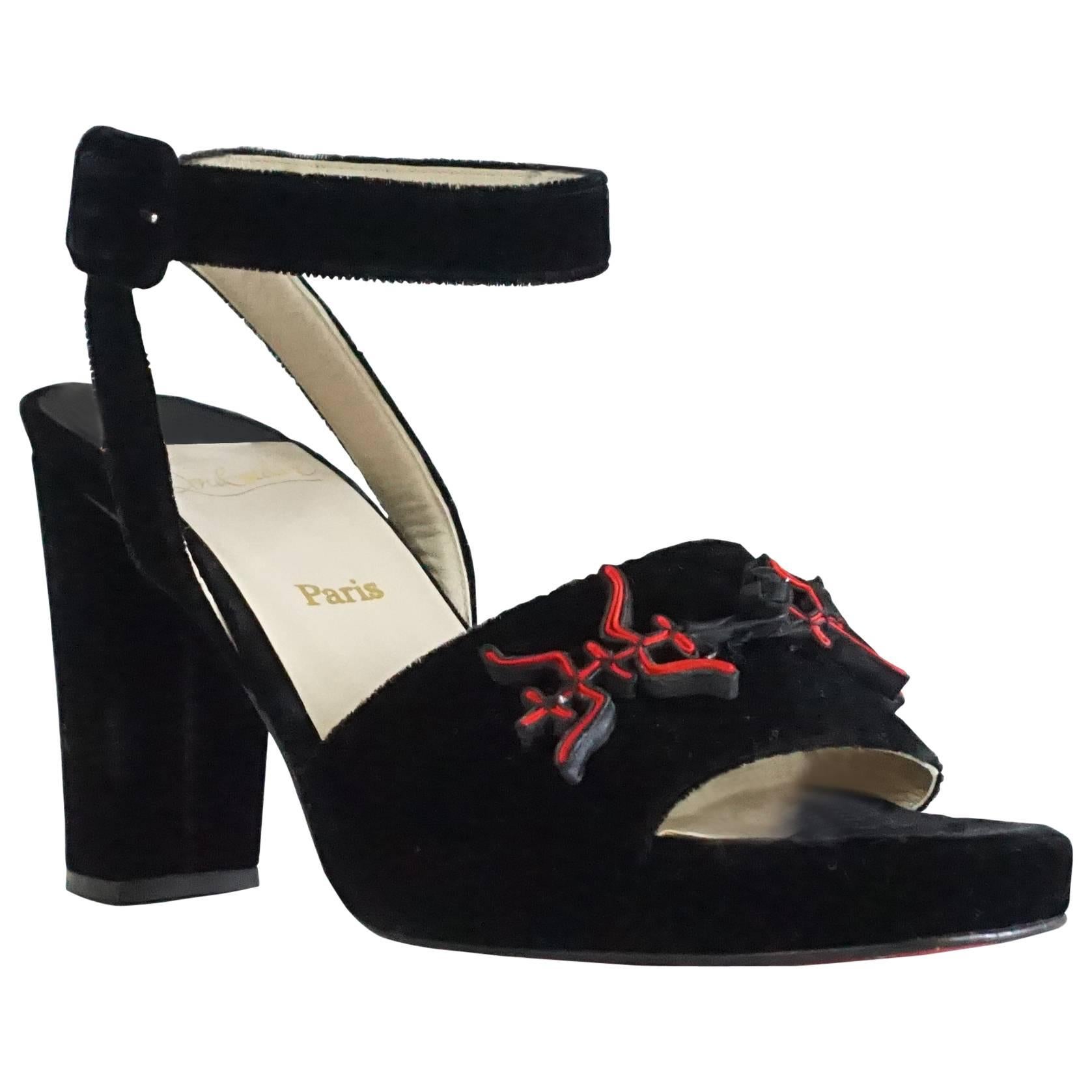Christian Louboutin Black Velvet Ankle Strap Sandal with Chunky Heel-37 For Sale