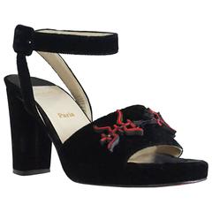 Christian Louboutin Black Velvet Ankle Strap Sandal with Chunky Heel-37