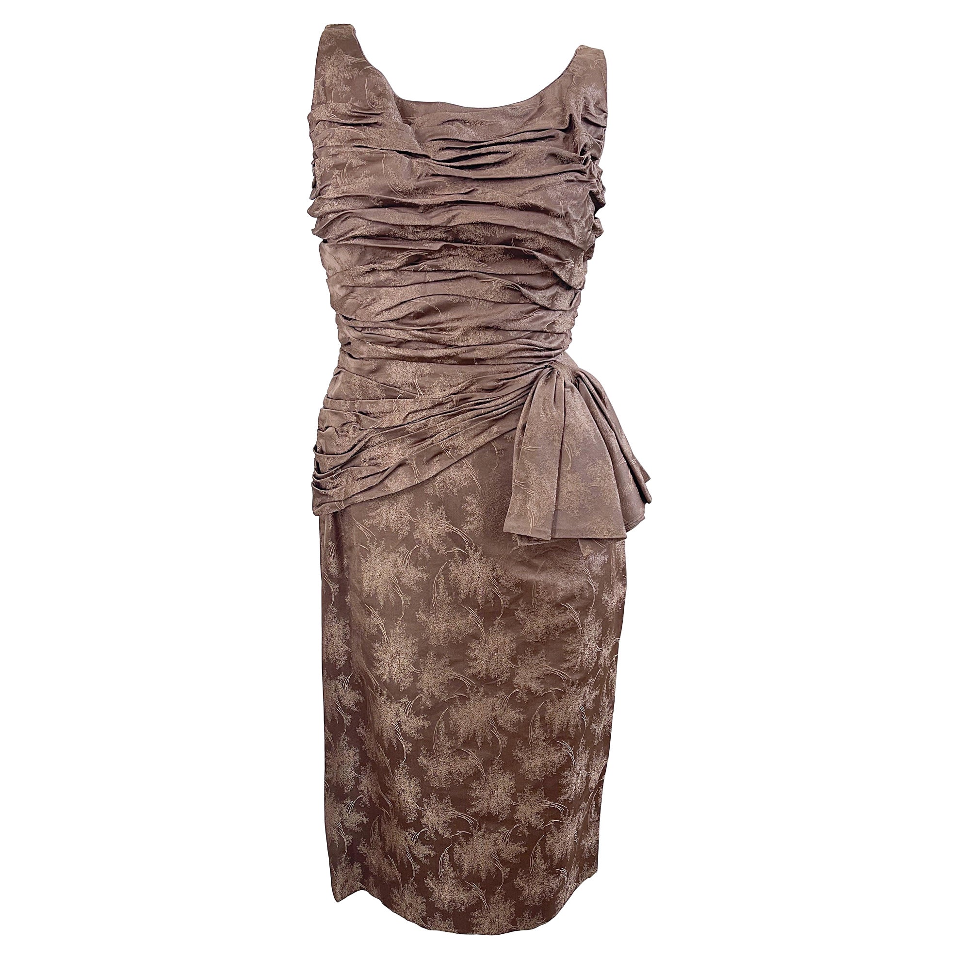 1950s Demi Couture Taupe Brown Silk Brocade Vintage 50s Bombshell Wiggle Dress For Sale