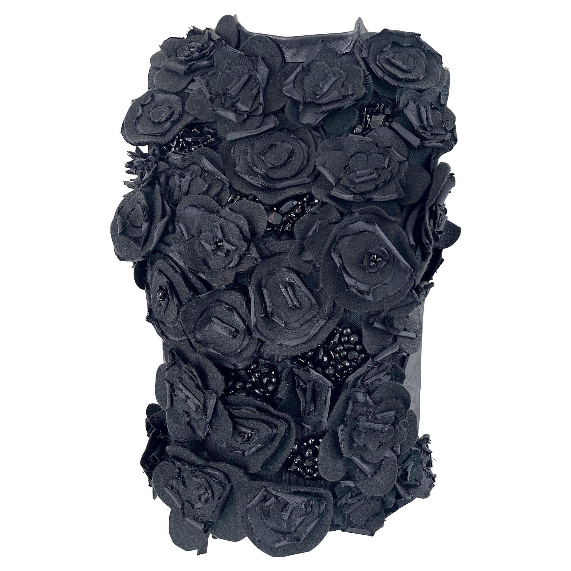 1990s Gemma Kahng Black Leather Flower Appliqué Beaded Vintage 90s Top Blouse For Sale