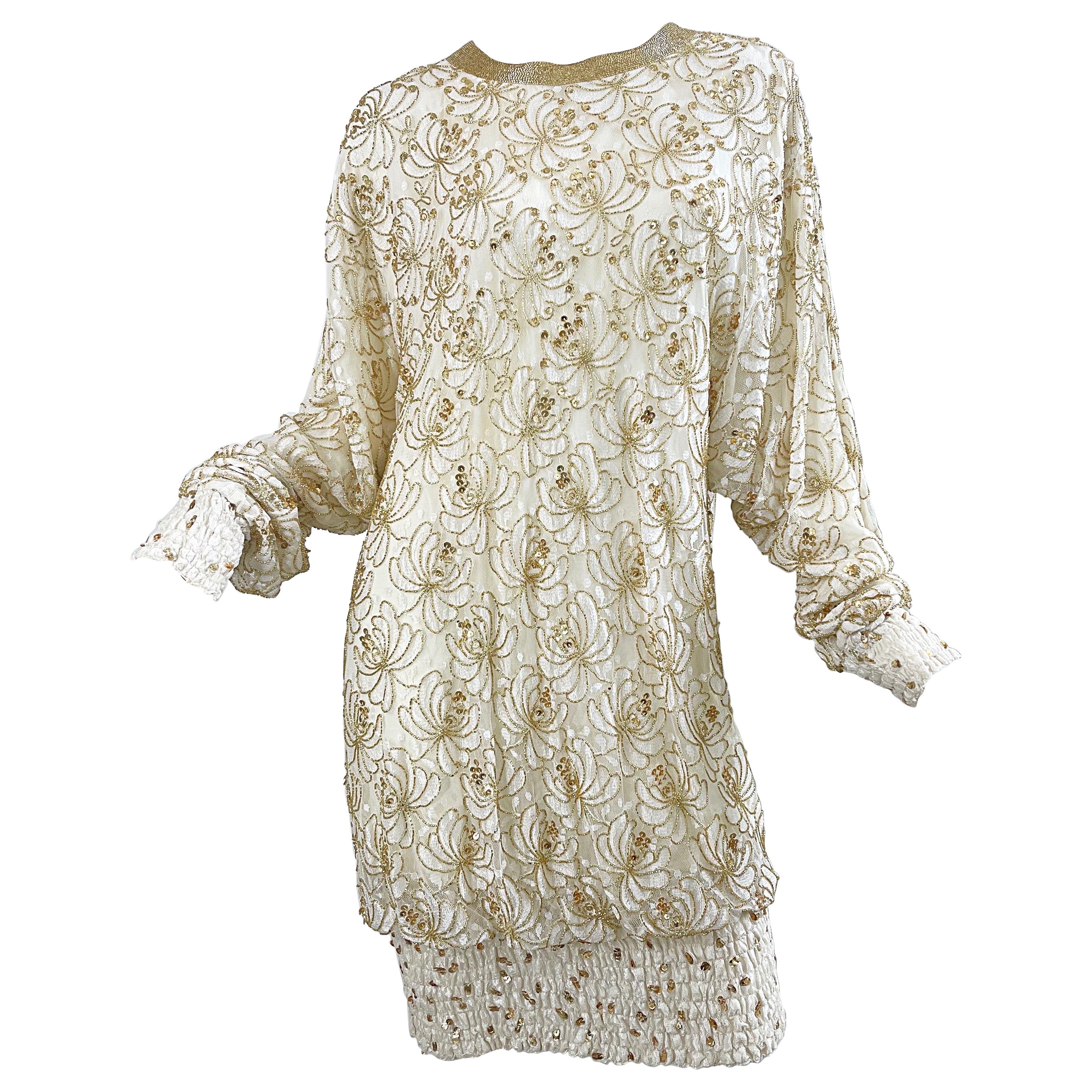 Lillie Rubin 1980s Ivory Off White + Gold Lace Sequin Beaded Vintage 80s Dress For Sale