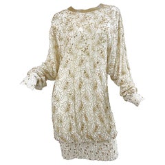 Lillie Rubin 1980s Ivory Off White + Gold Lace Sequin Beaded Vintage 80s Dress