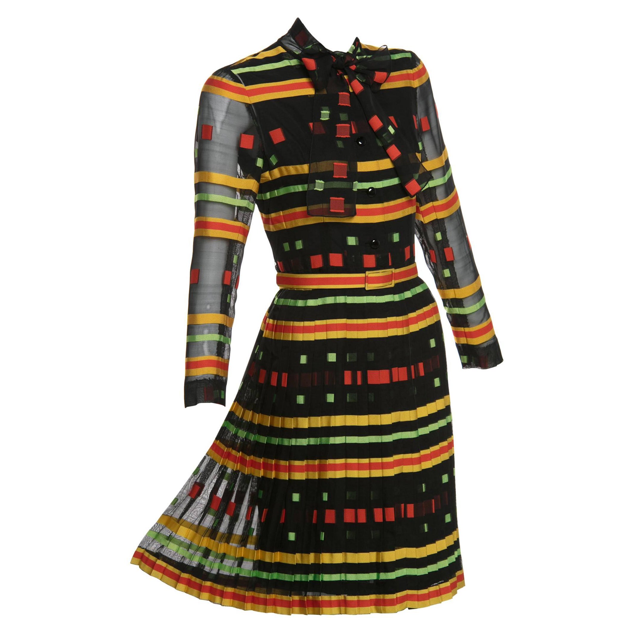Givenchy Multicolored Striped Pleated  Silk Bow Belted Dress, 1970s  For Sale