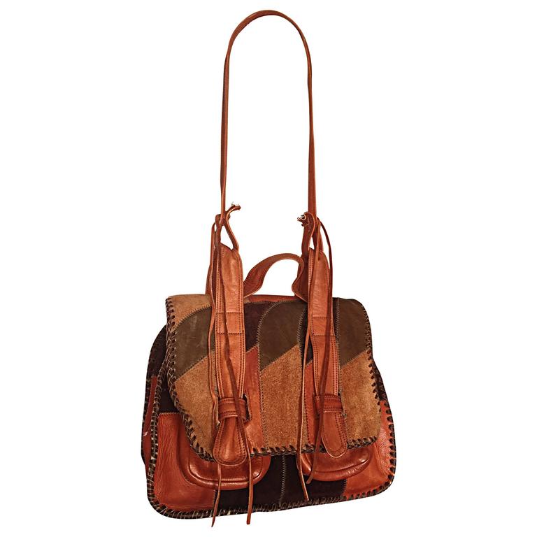 Rare 1970s Char Vintage Leather / Suede Tan and Brown Boho Shoulder Bag Satchel For Sale at 1stdibs