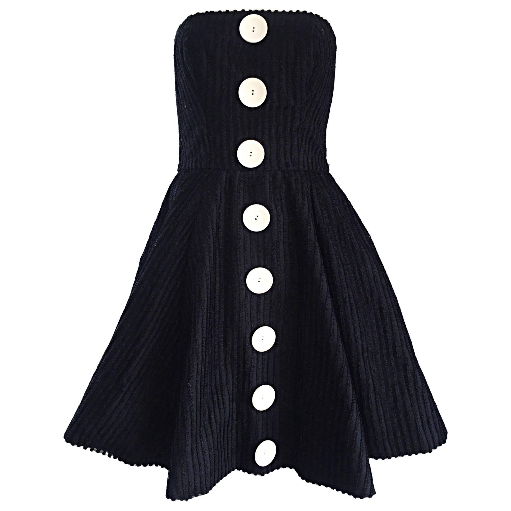 Vintage Christian Lacroix Black and White Fit n' Flare Strapless Button Dress For Sale