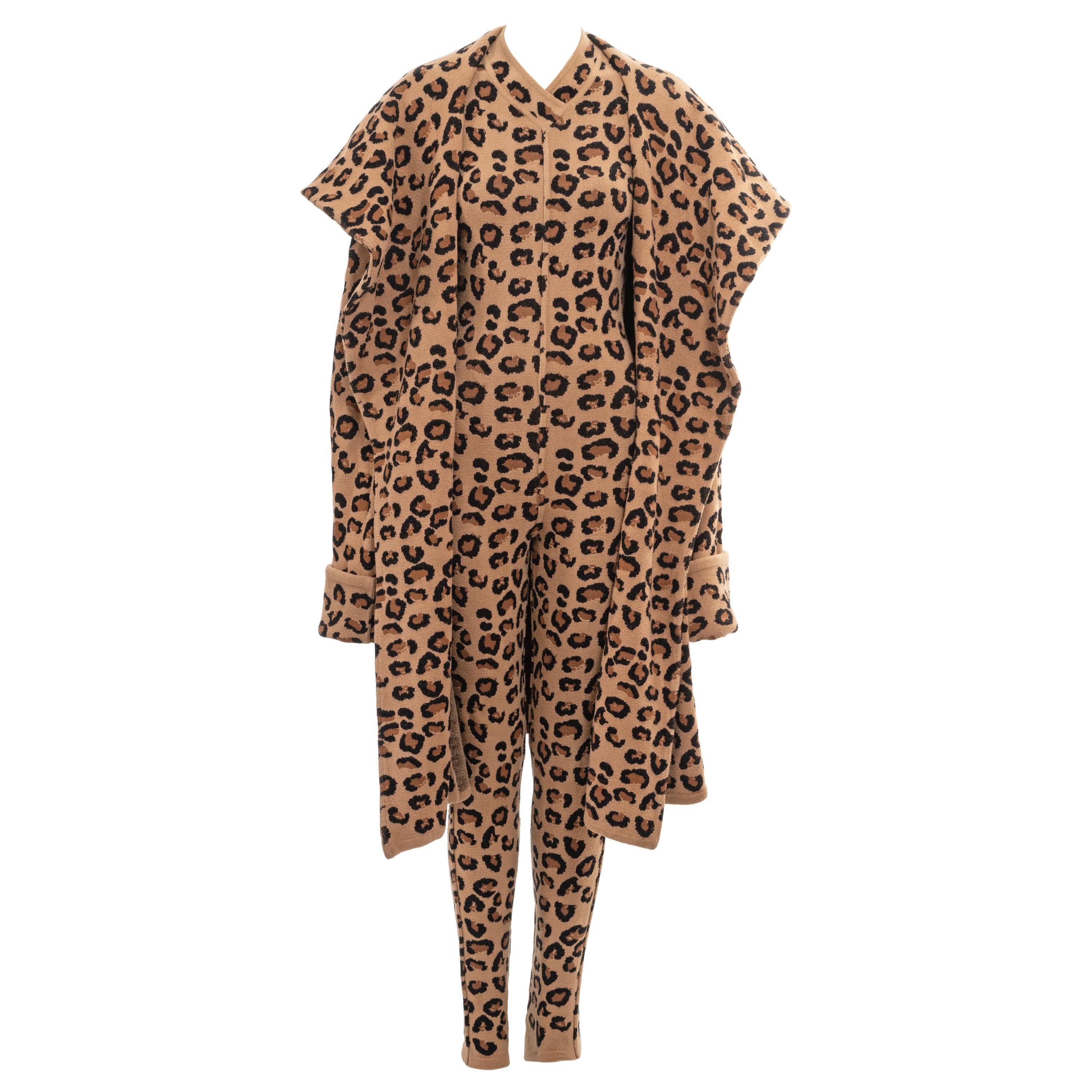 Azzedine Alaia leopard jacquard-knit catsuit and coat runway ensemble, fw 1991
