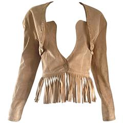Vintage Jean Claude Jitrois Tan Beige Leather Suede Fringe Bustier Jacket 12