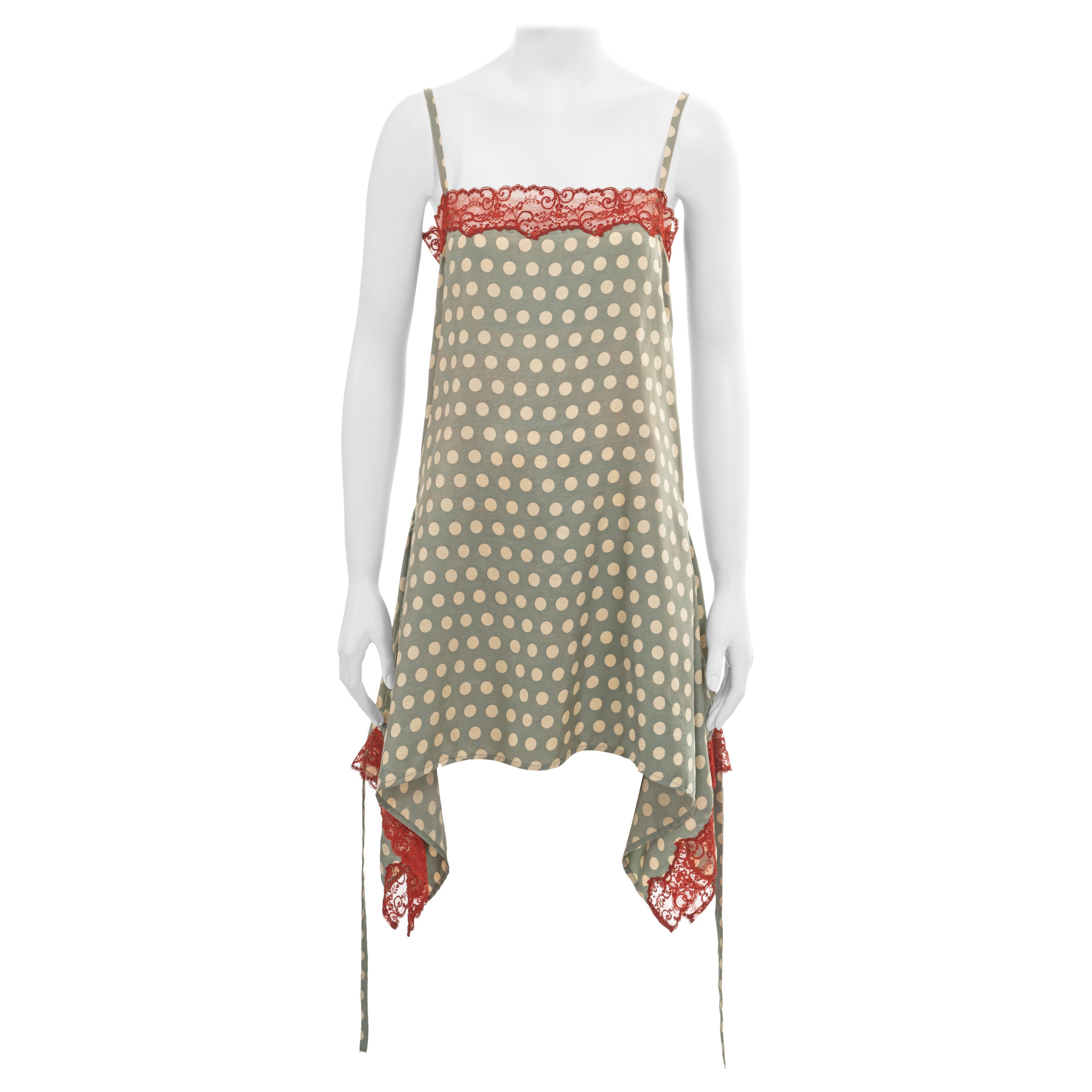 Jean Paul Gaultier green polkadot silk slip dress with red lace trim, ss 1992 For Sale