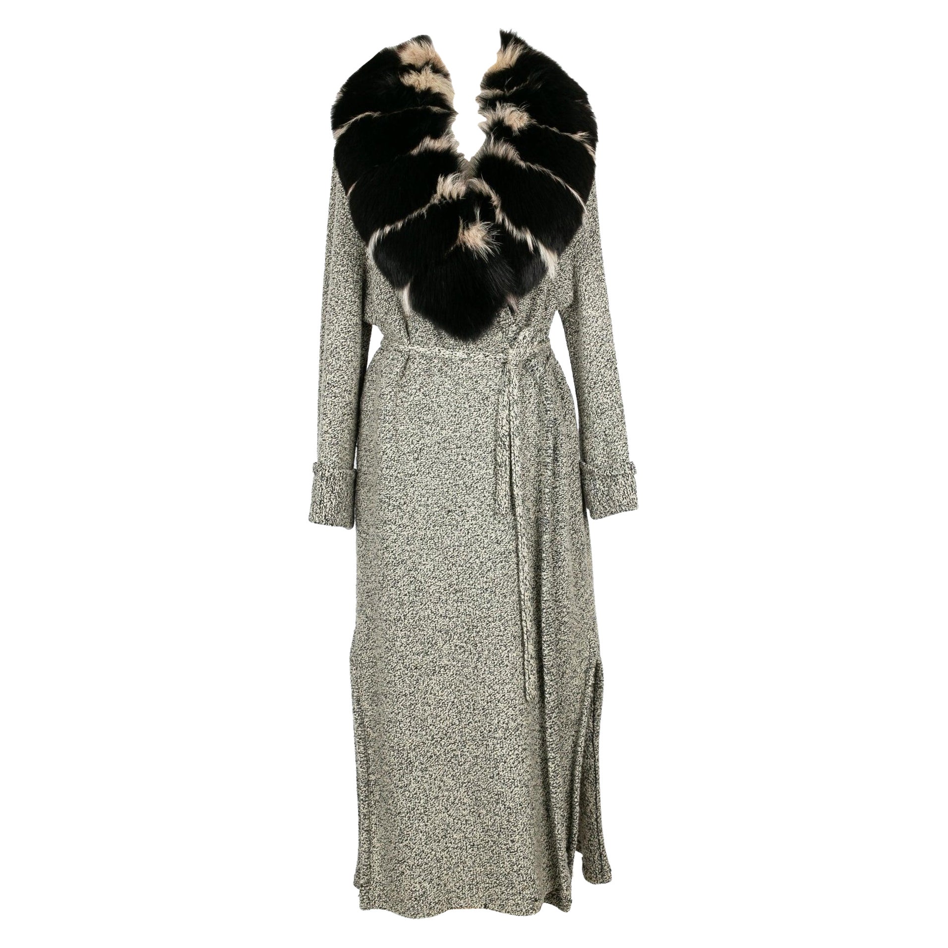 Jean-Louis Scherrer Long Coat in Black and Beige Wool, Size 40FR For Sale
