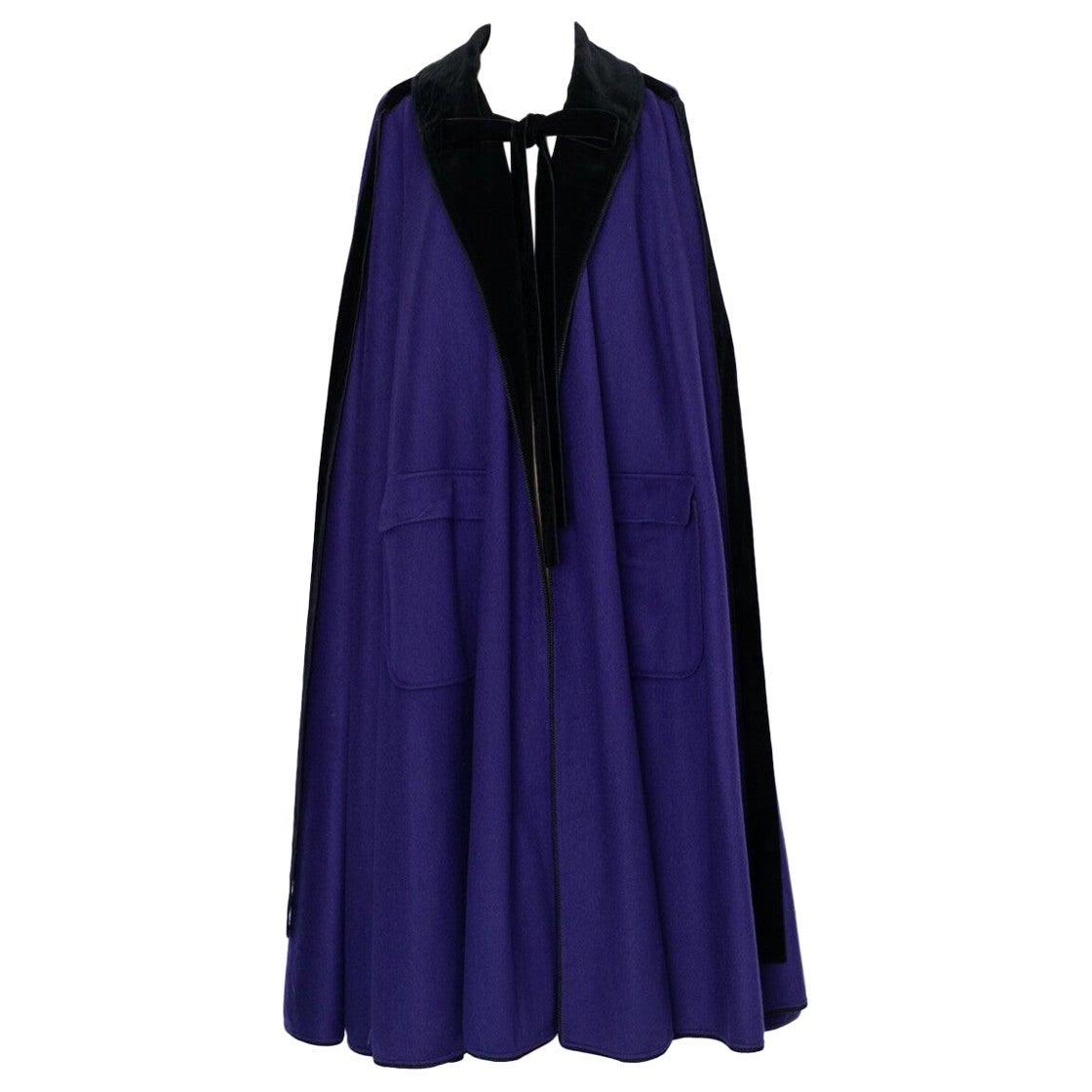 Yves Saint Laurent Blue Wool Cape with Black Velvet For Sale