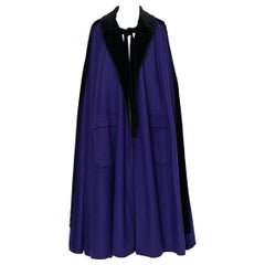 Vintage Yves Saint Laurent Blue Wool Cape with Black Velvet