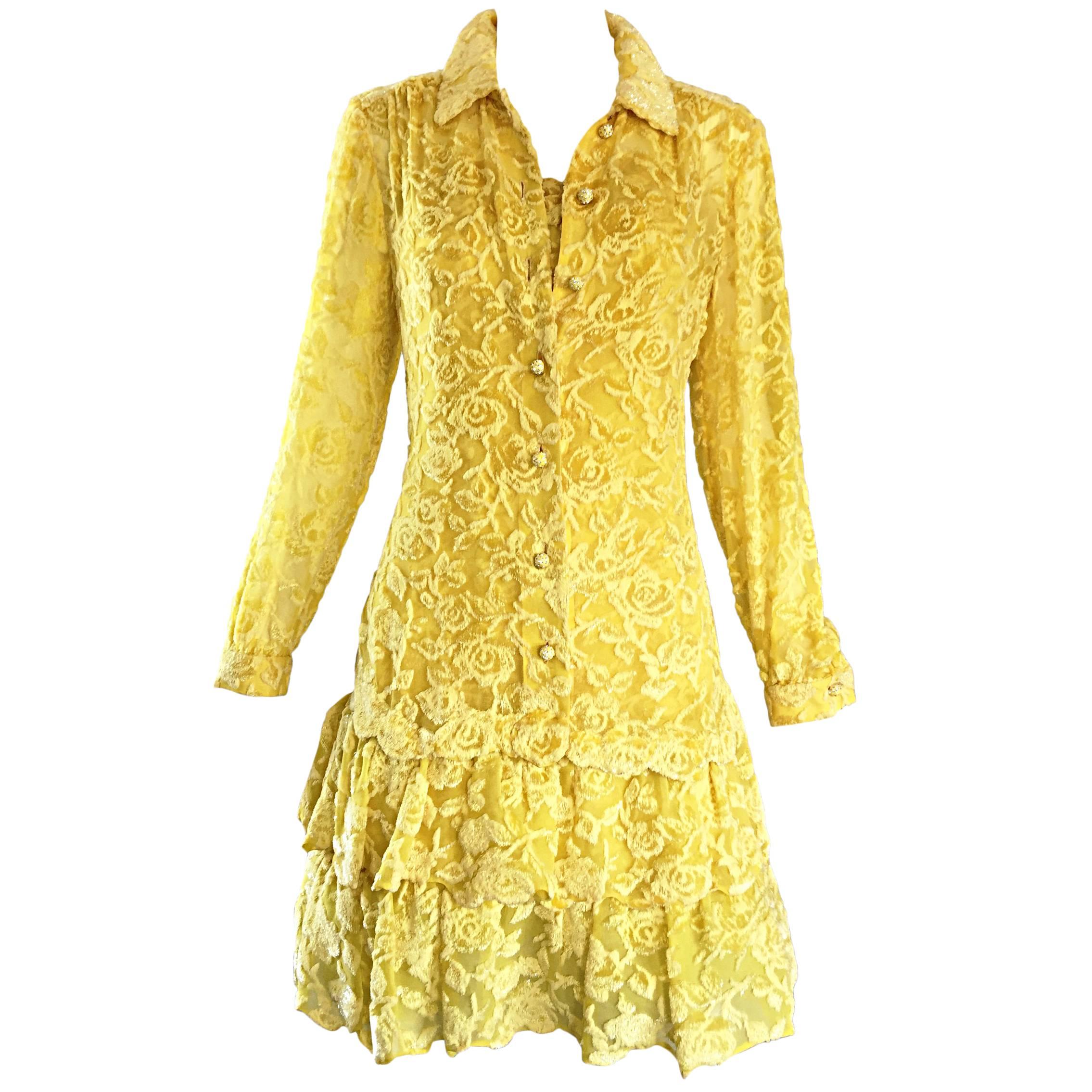 James Galanos - Robe et chemisier vintage jaune canari en soie et velours brûlé 