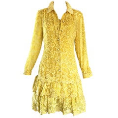 James Galanos Vintage Canary Yellow Silk + Velvet Burn Out Dress and Blouse 