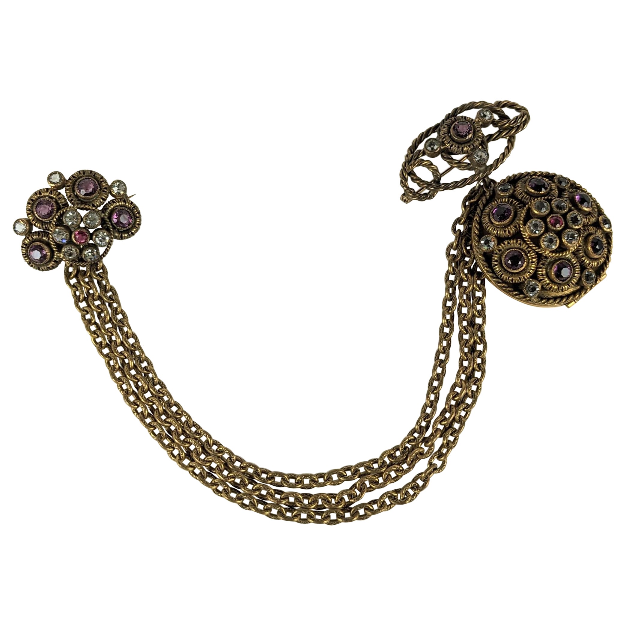 Sandor Jeweled Locket Chatelaine Brooch For Sale