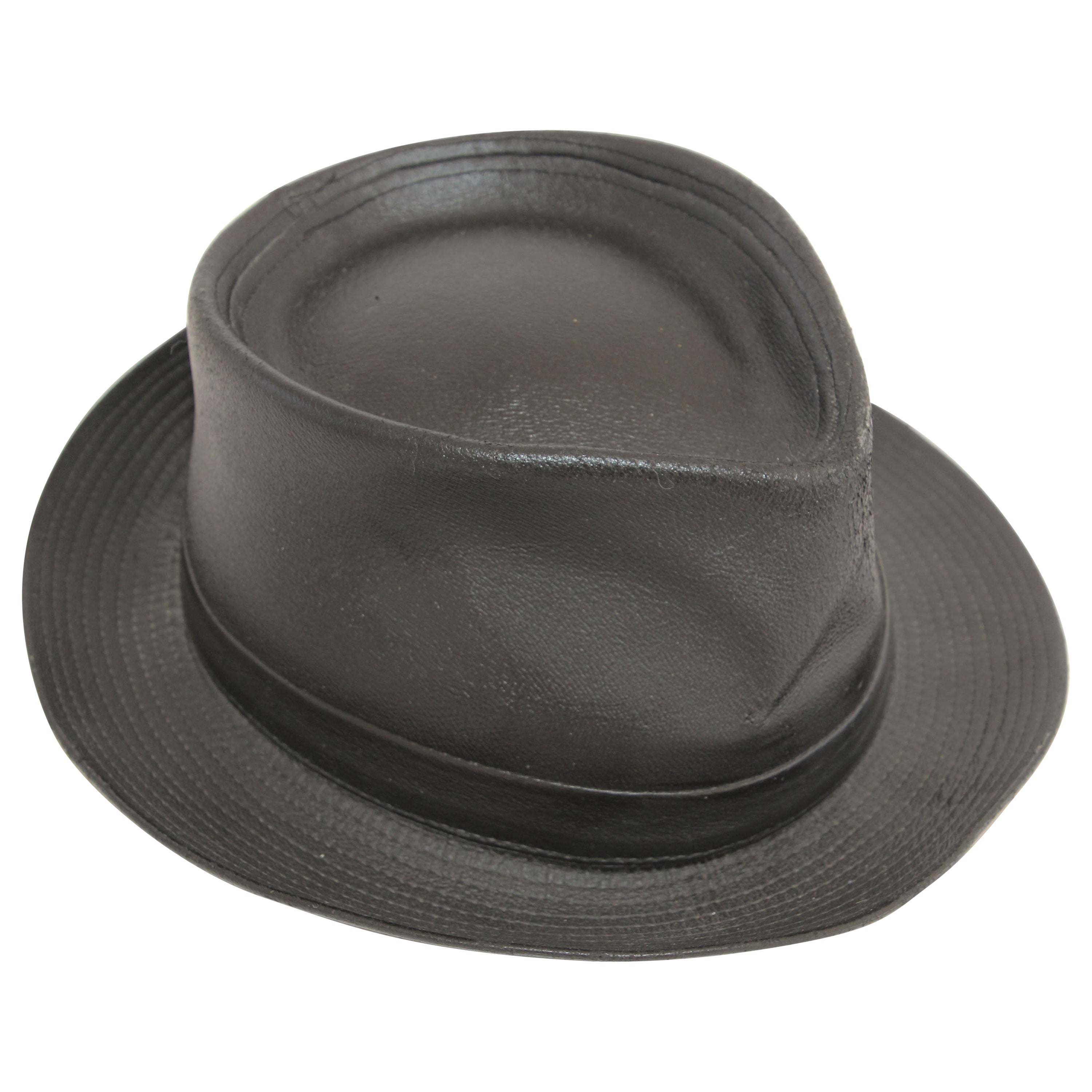 1990s AGNES B. Fedora Black Leather Hat  For Sale