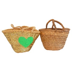 Vintage Set of 2  Moroccan Straw Basket Tote Bags Hand Woven in Marrakech