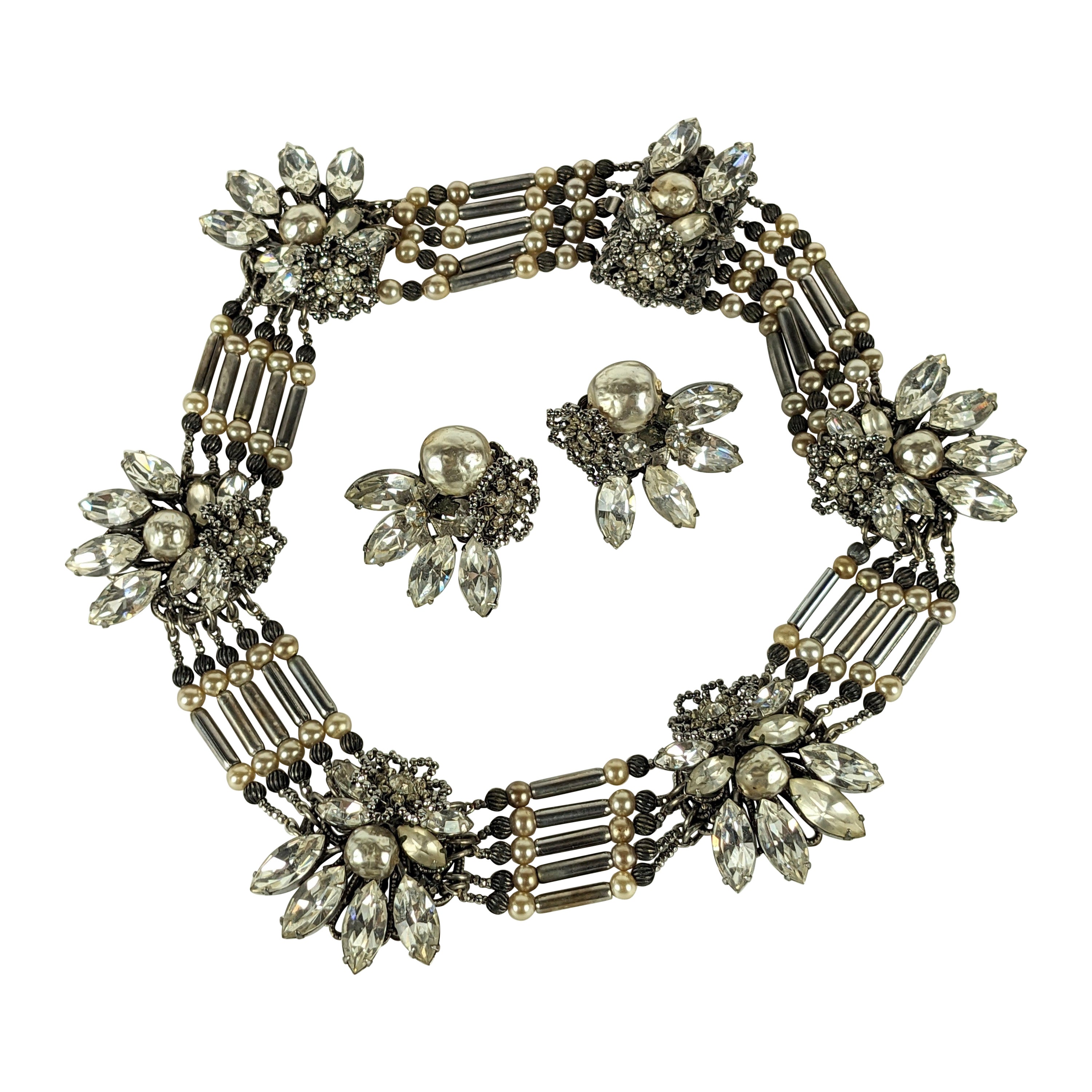 Extraordinary Miriam Haskell Pearl and Cut Steel Collar Suite For Sale