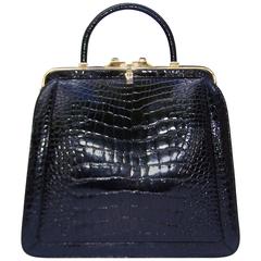 1990's Judith Leiber Schwarze Alligator Handtasche mit optionalem Schulterriemen