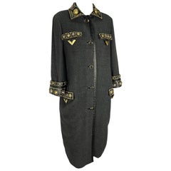 F/W 1992 Gianni Versace 'Miss S&M' Runway Studded Leather Trim Wool Trench Coat