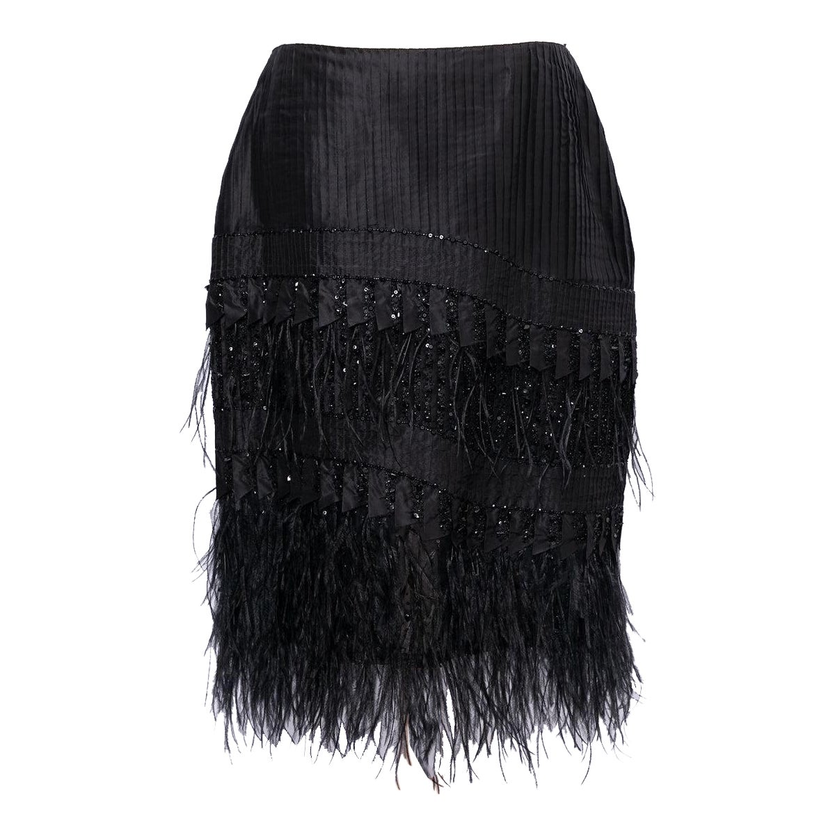 Oscar de la Renta Silk Skirt with Feathers For Sale