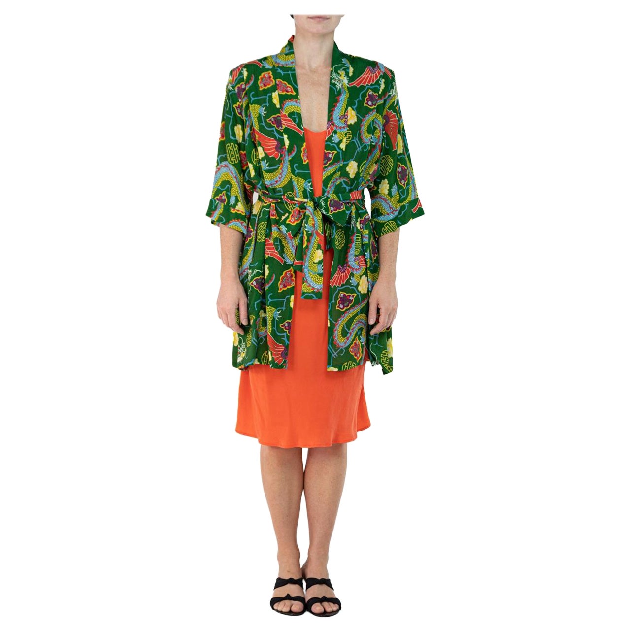 Morphew Collection Green & Orange Dragon Novelty Print Cold Rayon Bias Kimono O For Sale