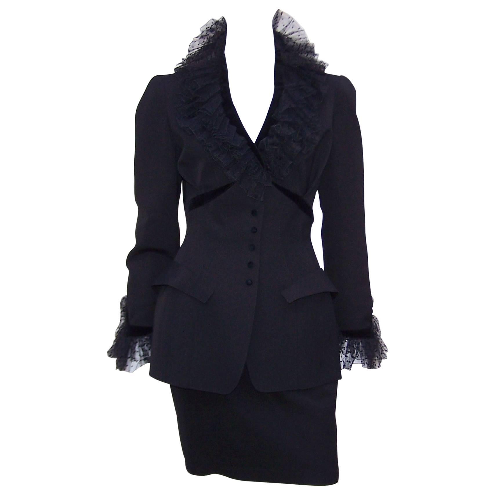 1980's Thierry Mugler Black Evening Suit With Velvet & Netting Details