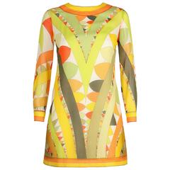 EMILIO PUCCI 1960s Lime Green Citrus Signature Print Long Sleeve Silk Dress Sz 6