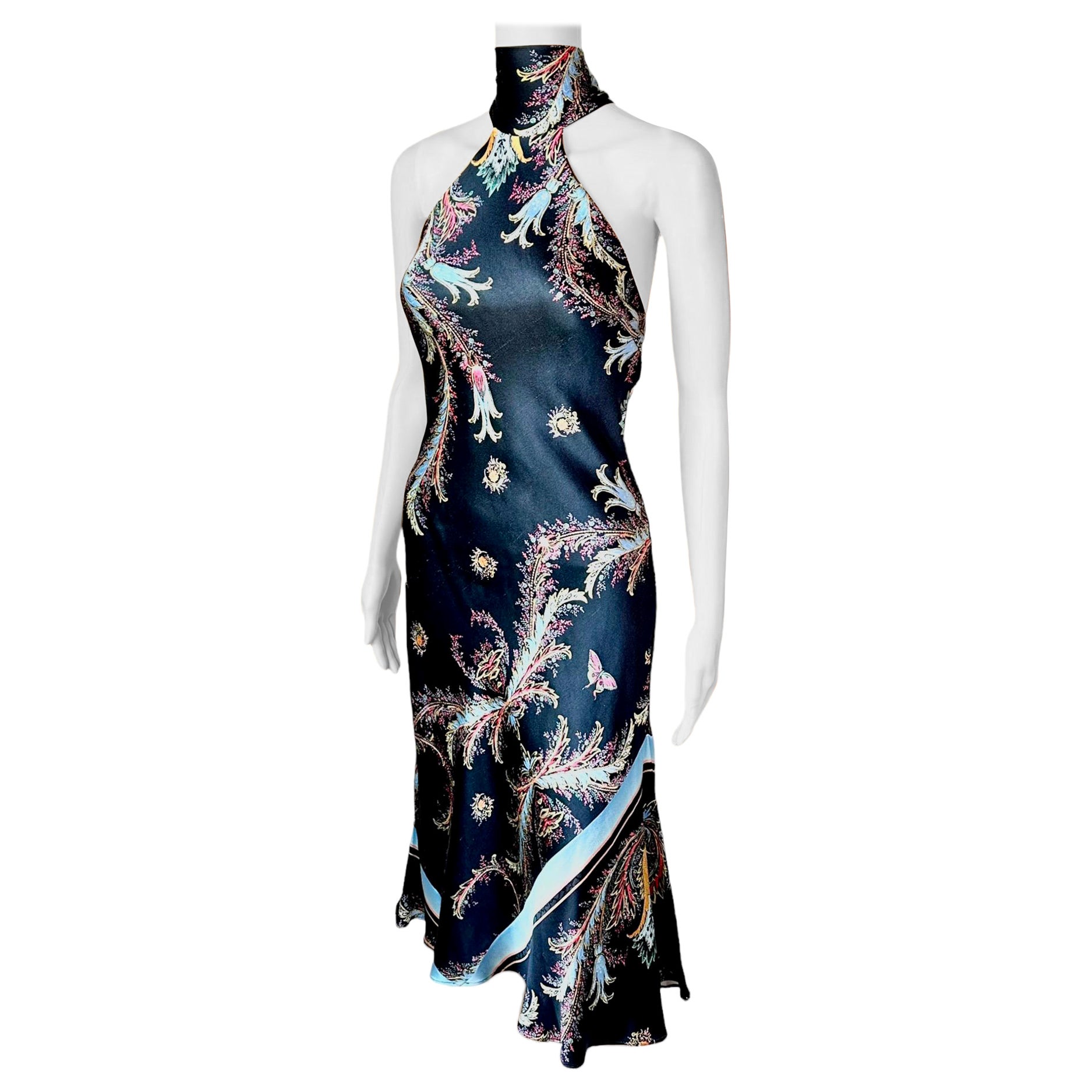 Roberto Cavalli F/W 2004 Halter Chinoiserie Print Silk Midi Dress For Sale