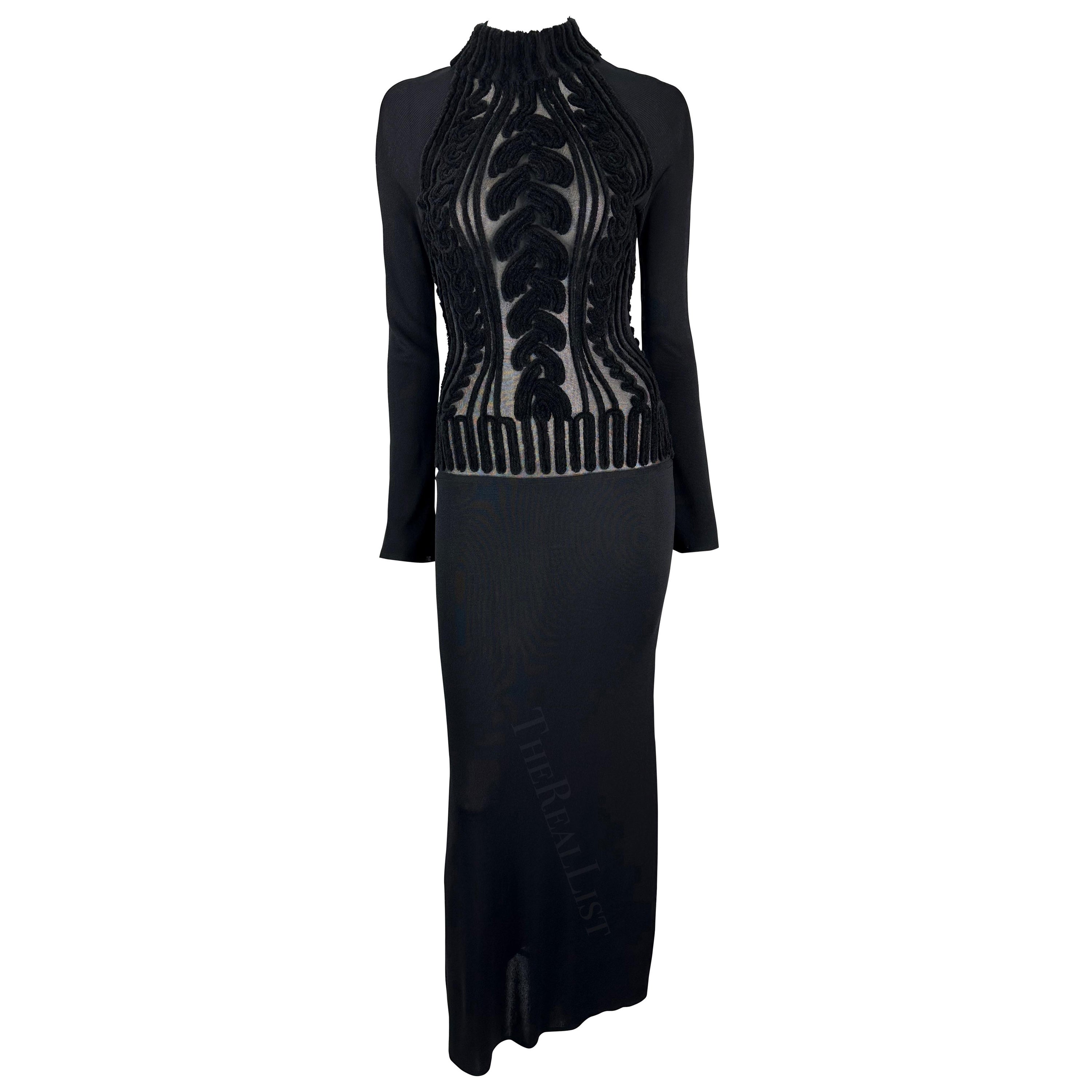 1990s Thierry Mugler Sheer Velvet Devoré Faux Cable-Knit Black Bodycon Gown For Sale