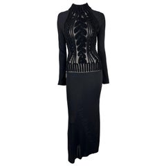 1990s Thierry Mugler Sheer Velvet Devoré Faux Cable-Knit Black Bodycon Gown