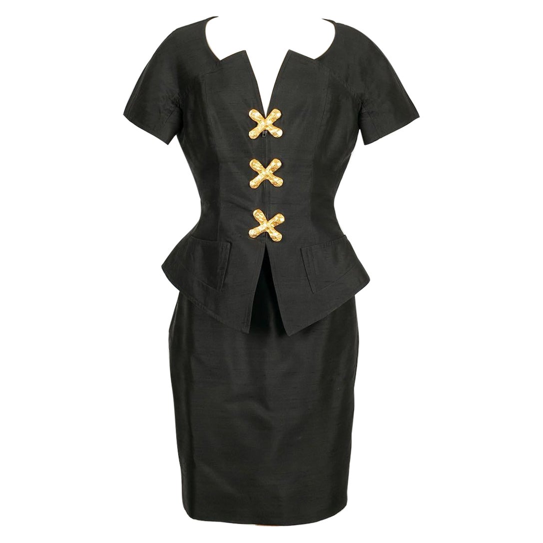 Christian Lacroix Black Silk and Hammered Gold Metal Buttons Ensemble For Sale