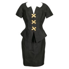 Christian Lacroix Black Silk and Hammered Gold Metal Buttons Ensemble