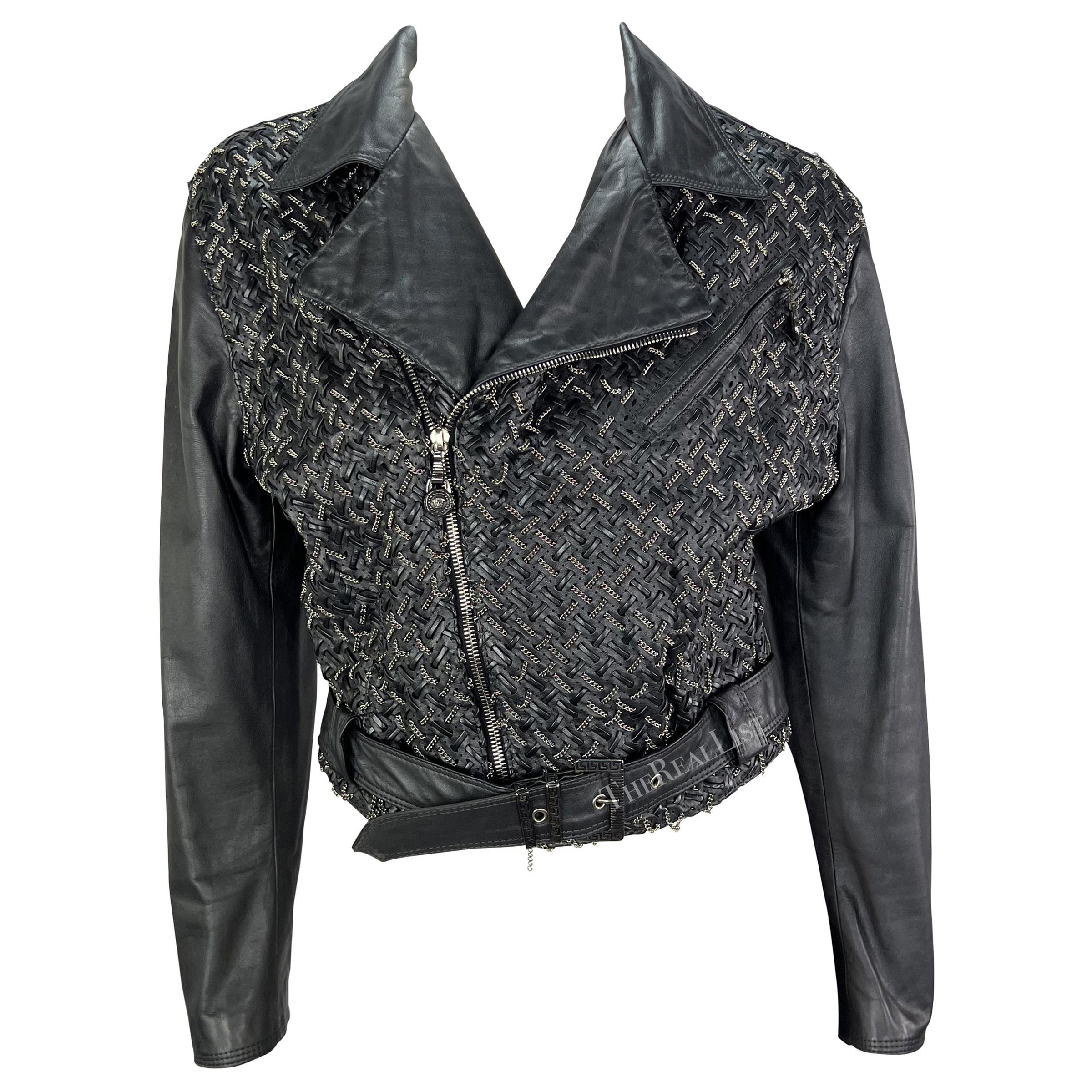 1990s Gianni Versace Black Woven Leather Silver Chain Oversized Leather Jacket For Sale