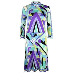 EMILIO PUCCI 1960s Multi-Color Signature Print Silk Jersey Mod Dress Size 8 9