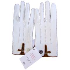 Hermes Ribbed Gloves For Woman In White and Grey Leather Size 6, 5