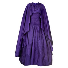 Vintage Azzaro Evening Taffeta Cape Embroidered Dress, Size 40FR