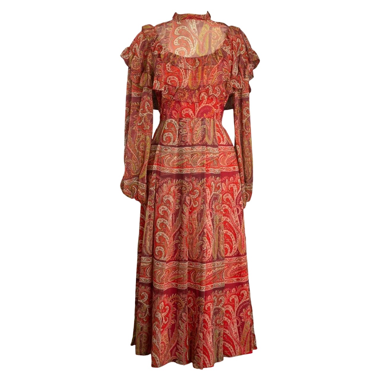 Thea Porter - Robe en mousseline de soie imprimée avec cachemire en vente