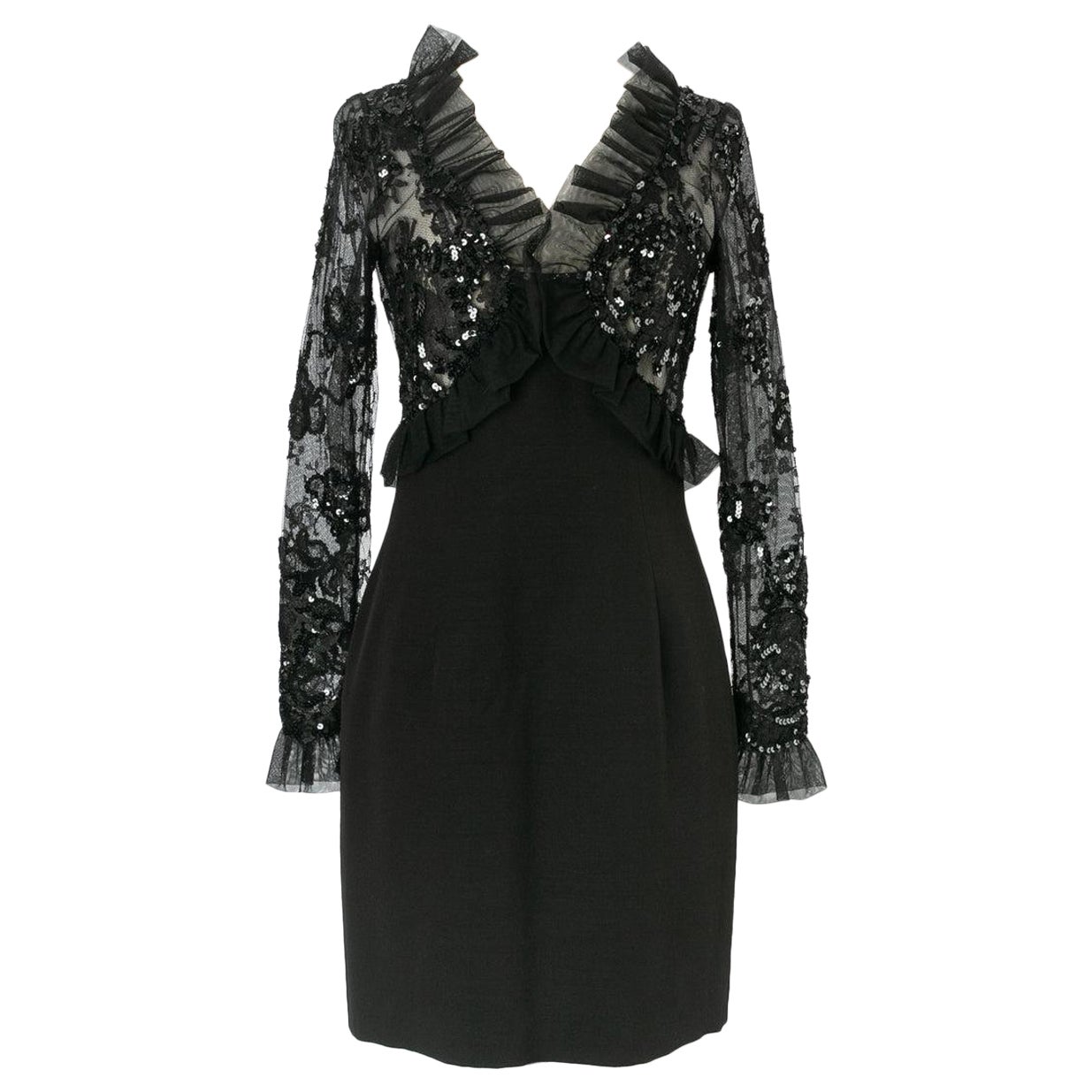 Loris Azzaro Knee-Length Black Jersey and Lace Dress For Sale