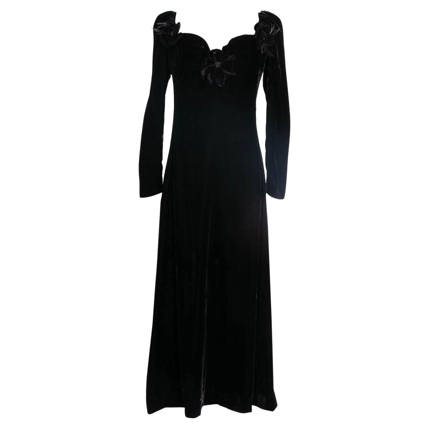 Yves Saint Laurent Black Velvet Embellished with Flowers Dress