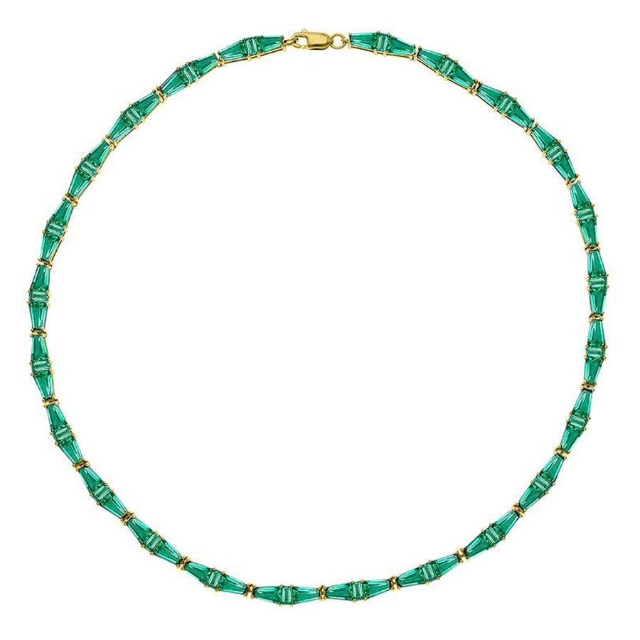 The Bright Emerald Custom Cut Tapered Baguette Choker, 10kt Yellow Gold For Sale