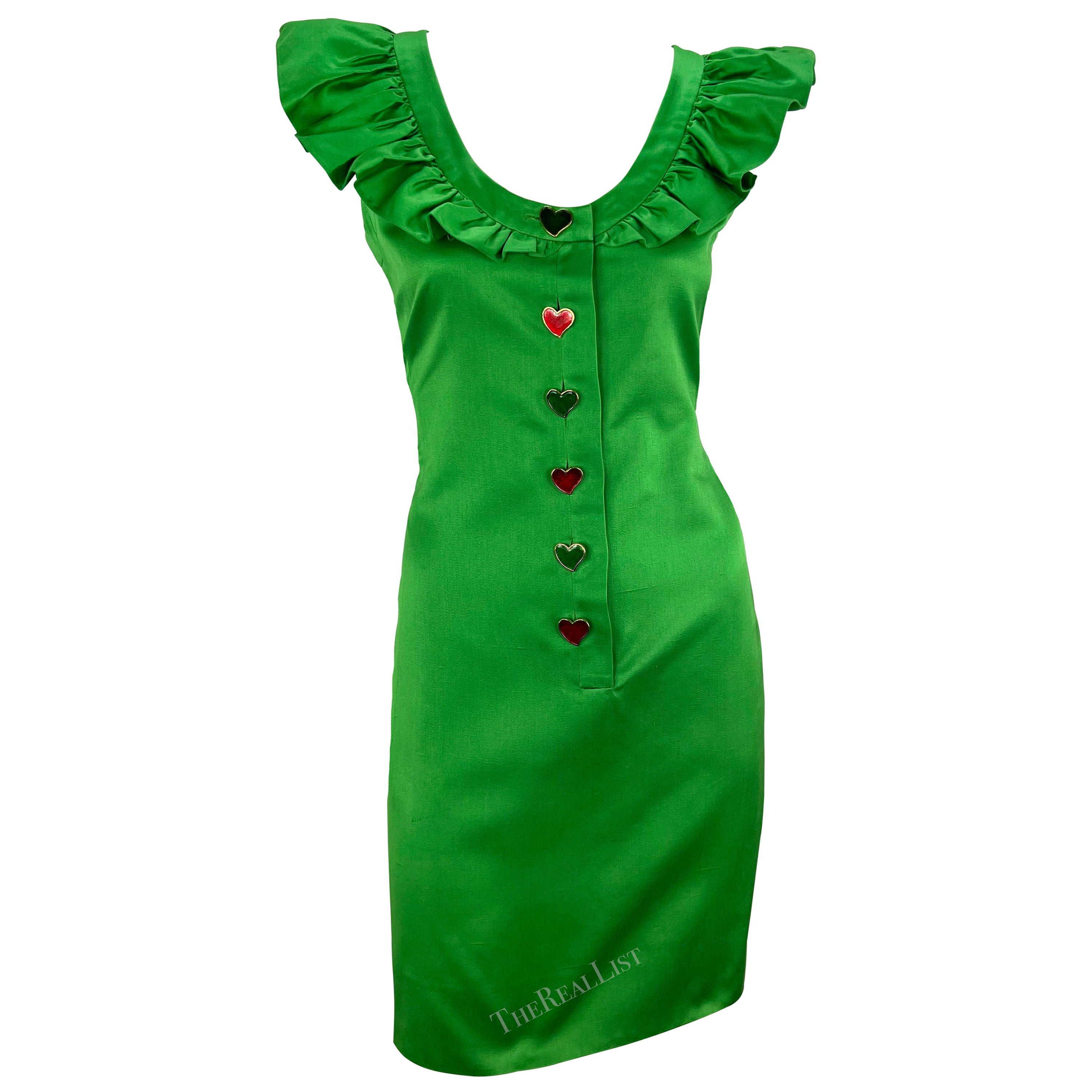 S/S 1992 Yves Saint Laurent Runway Ad Bright Green Ruffle Heart Button Dress For Sale