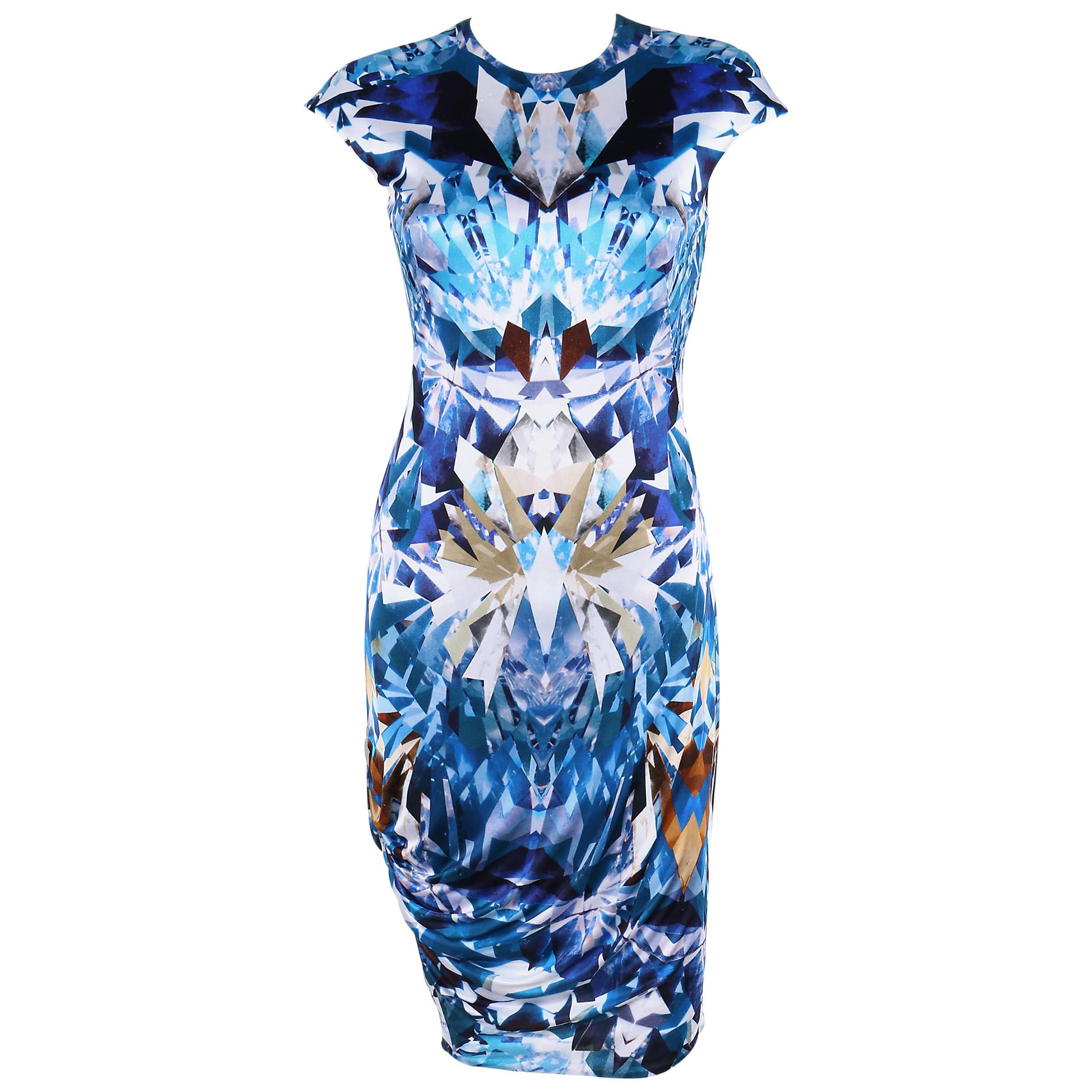 ALEXANDER McQUEEN S/S 2009 Iconic Blue Crystal Kaleidoscope Print Dress 38