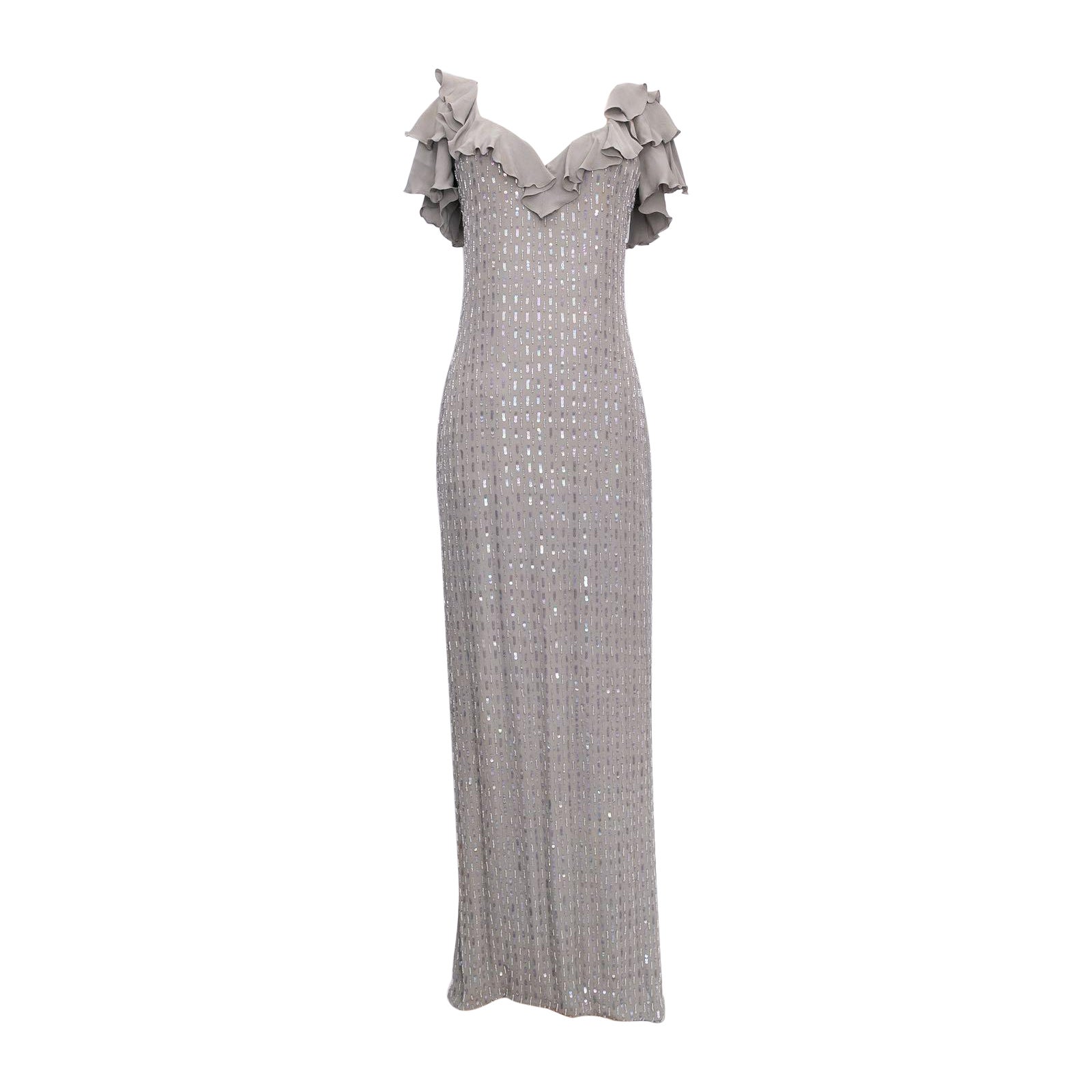 Loris Azzaro Embroidered Grey Silk Dress, Size 36FR For Sale