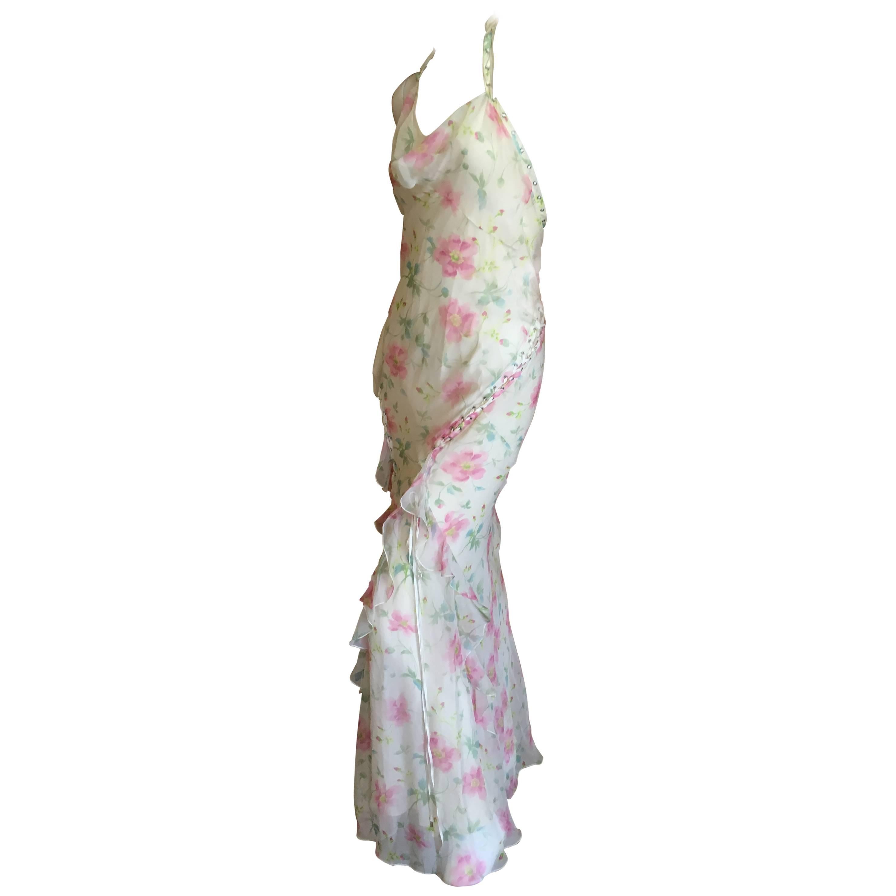 Dior by Galliano Sweet Ruffled Silk Floral Dress with Corset Lace Details